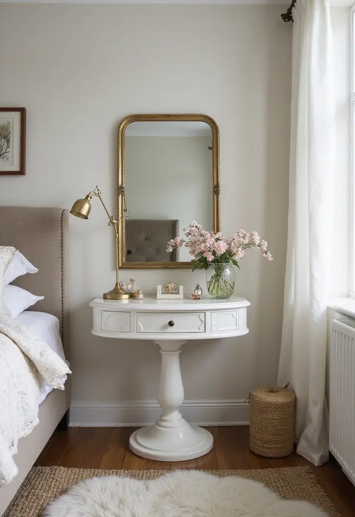 30 Dressing Table Ideas for Small Bedroom That Feel Glam Practical 20. Chic Pedestal Table