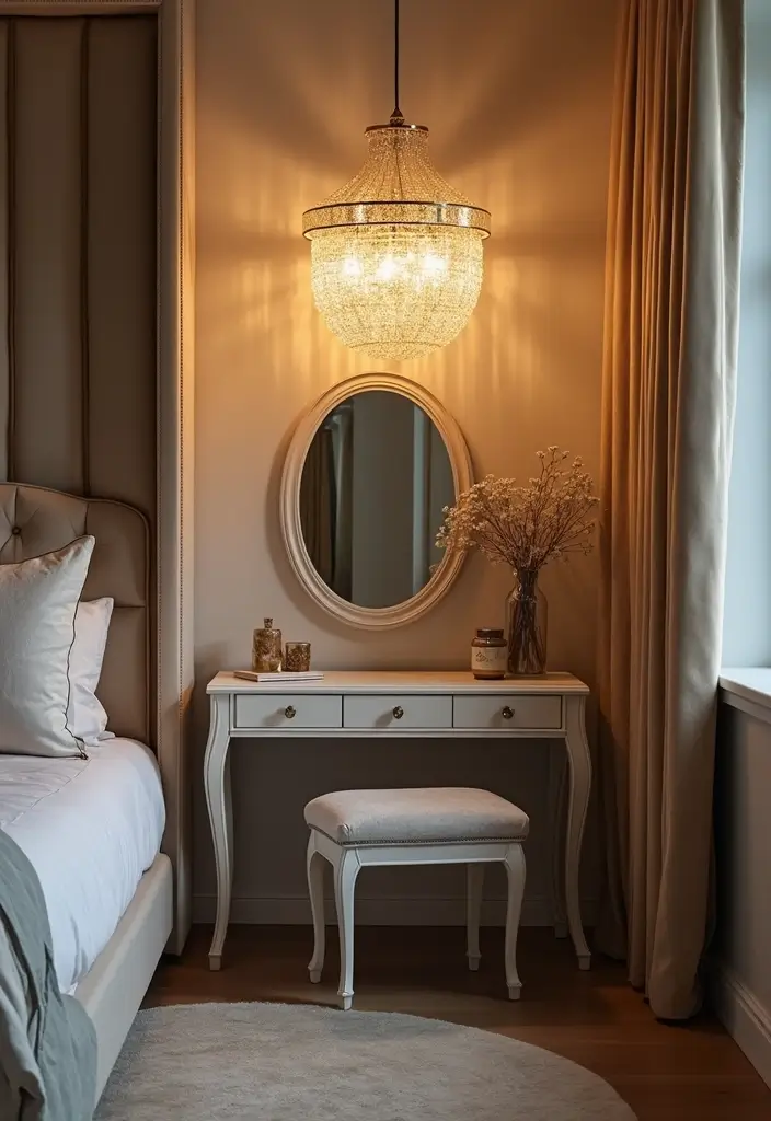 30 Dressing Table Ideas for Small Bedroom That Feel Glam Practical 25. Statement Lighting