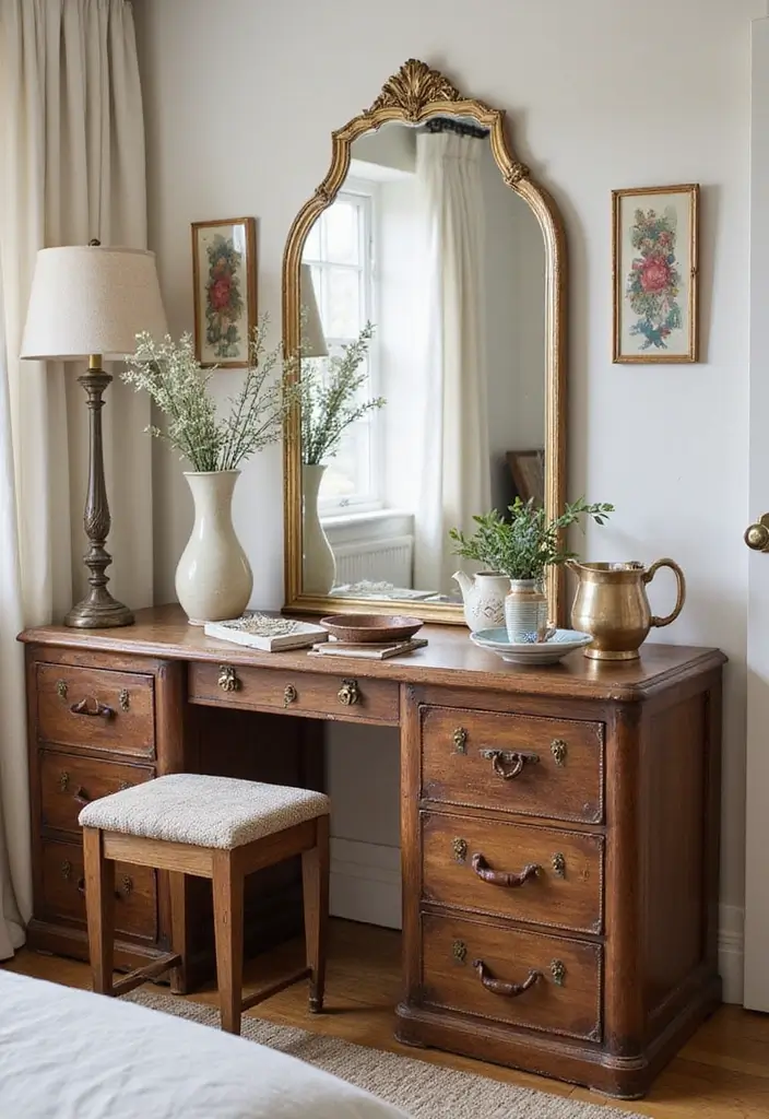30 Dressing Table Ideas for Small Bedroom That Feel Glam Practical 27. Vintage Suitcase Storage
