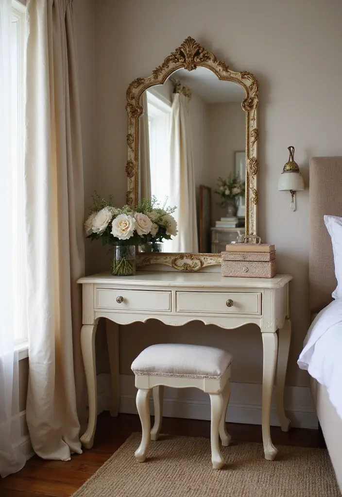 30 Dressing Table Ideas for Small Bedroom That Feel Glam Practical 3. Vintage Charm