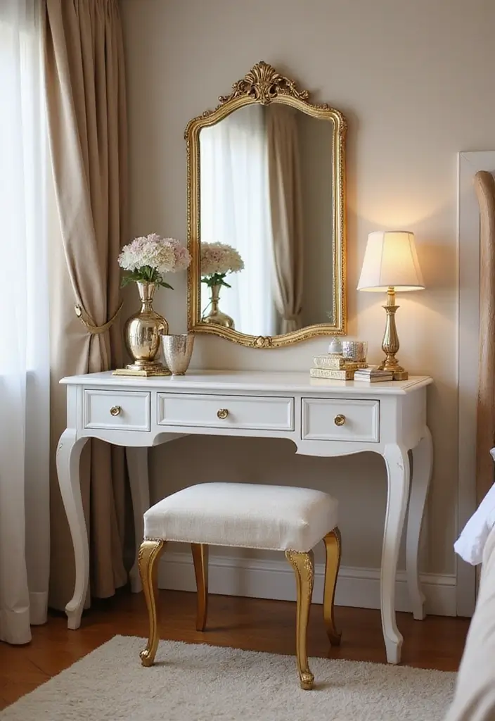 30 Dressing Table Ideas for Small Bedroom That Feel Glam Practical 4. Glamorous Gold Accents