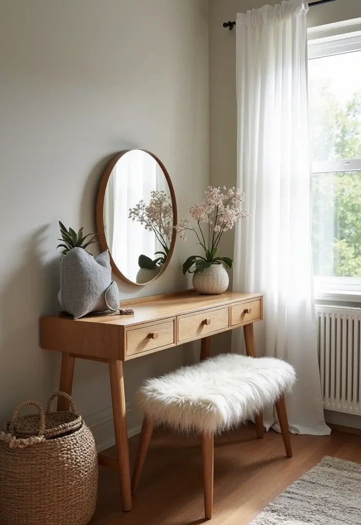 30 Dressing Table Ideas for Small Bedroom That Feel Glam Practical 9. Dual Purpose Bench