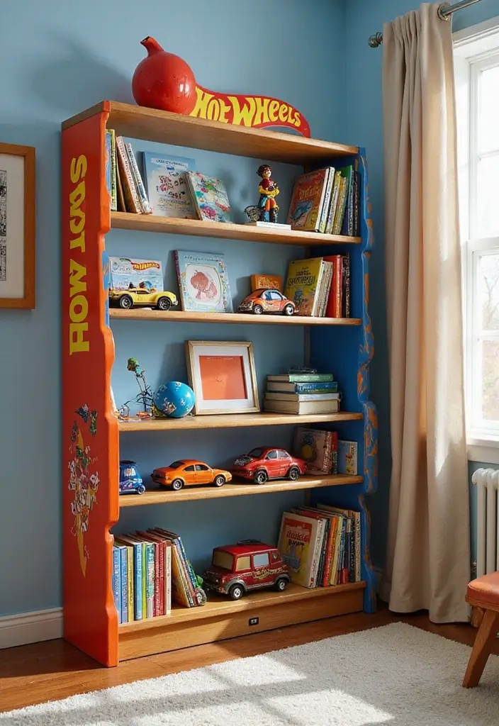 30 Hot Wheels Bedroom Ideas That Kids Will Love 19. Hot Wheels Themed Bookshelf
