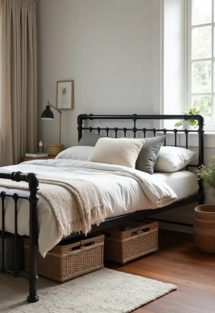 30 Mens Small Bedroom Ideas That Feel Minimal Masculine 1. Sleek Industrial Metal Bed Frame