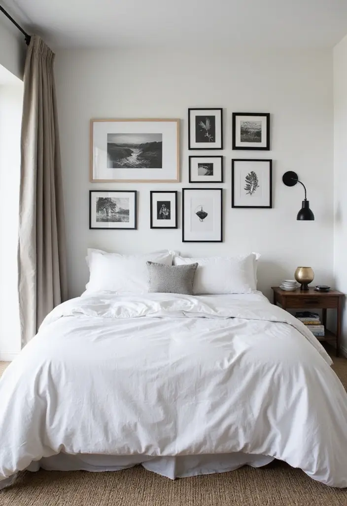 30 Mens Small Bedroom Ideas That Feel Minimal Masculine 2. A Gallery Wall of Black and White Art
