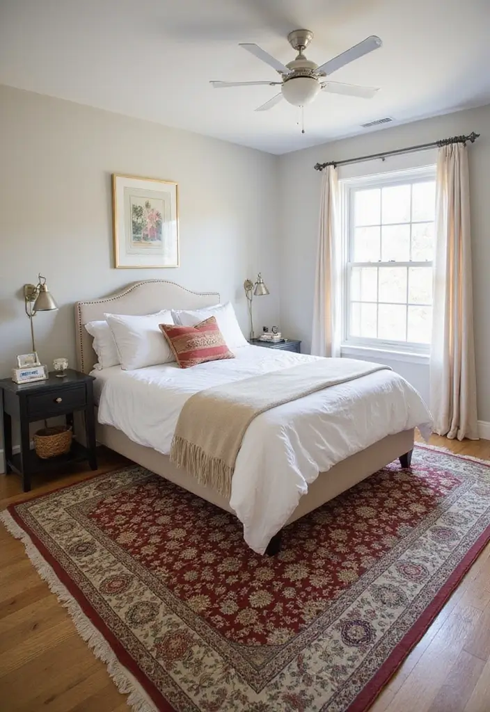 30 Mens Small Bedroom Ideas That Feel Minimal Masculine 8. Statement Rug to Ground the Space