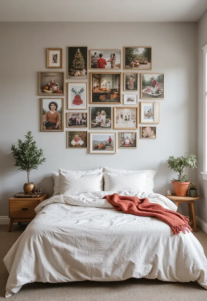 30 Photo Wall Ideas Bedroom That Tell Your Story Beautifully 11. Seasonal Rotations
