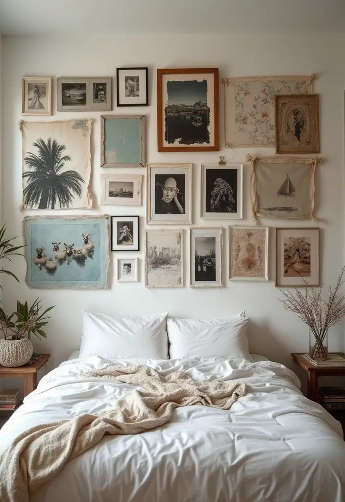30 Photo Wall Ideas Bedroom That Tell Your Story Beautifully 14. Mixed Media Approach
