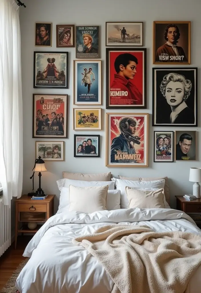 30 Photo Wall Ideas Bedroom That Tell Your Story Beautifully 17. Iconic Movie Poster Mashup