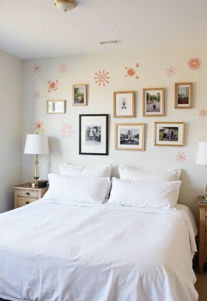 30 Photo Wall Ideas Bedroom That Tell Your Story Beautifully 23. DIY Stenciled Wall Art