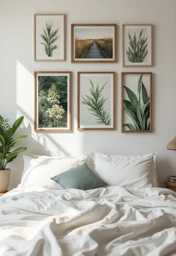 30 Photo Wall Ideas Bedroom That Tell Your Story Beautifully 25. Nature Inspired Displays