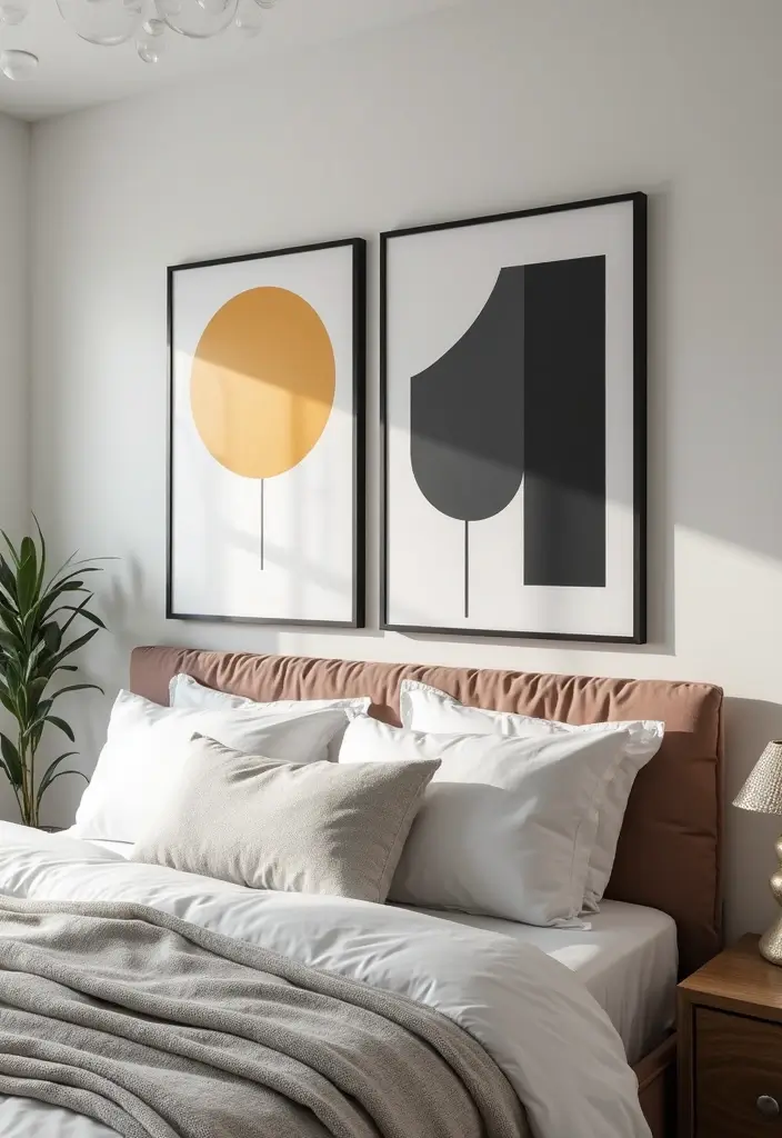 30 Photo Wall Ideas Bedroom That Tell Your Story Beautifully 27. Bold Geometric Art