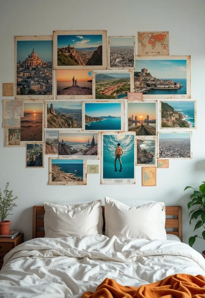 30 Photo Wall Ideas Bedroom That Tell Your Story Beautifully 3. Travel Memories Collage