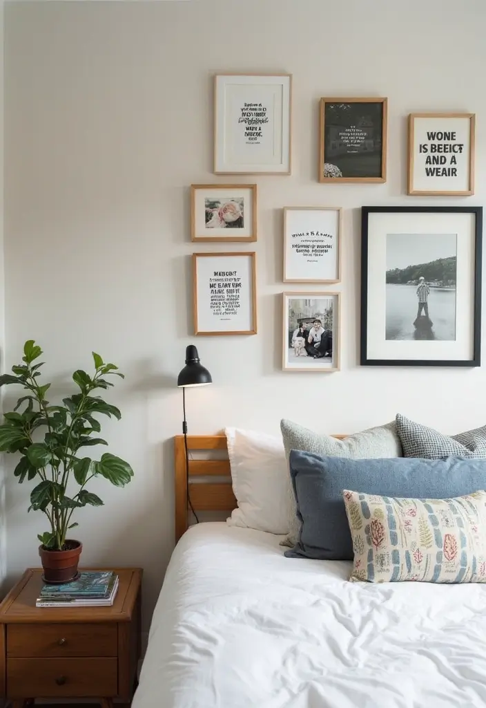 30 Photo Wall Ideas Bedroom That Tell Your Story Beautifully 5. Artful Framed Quotes