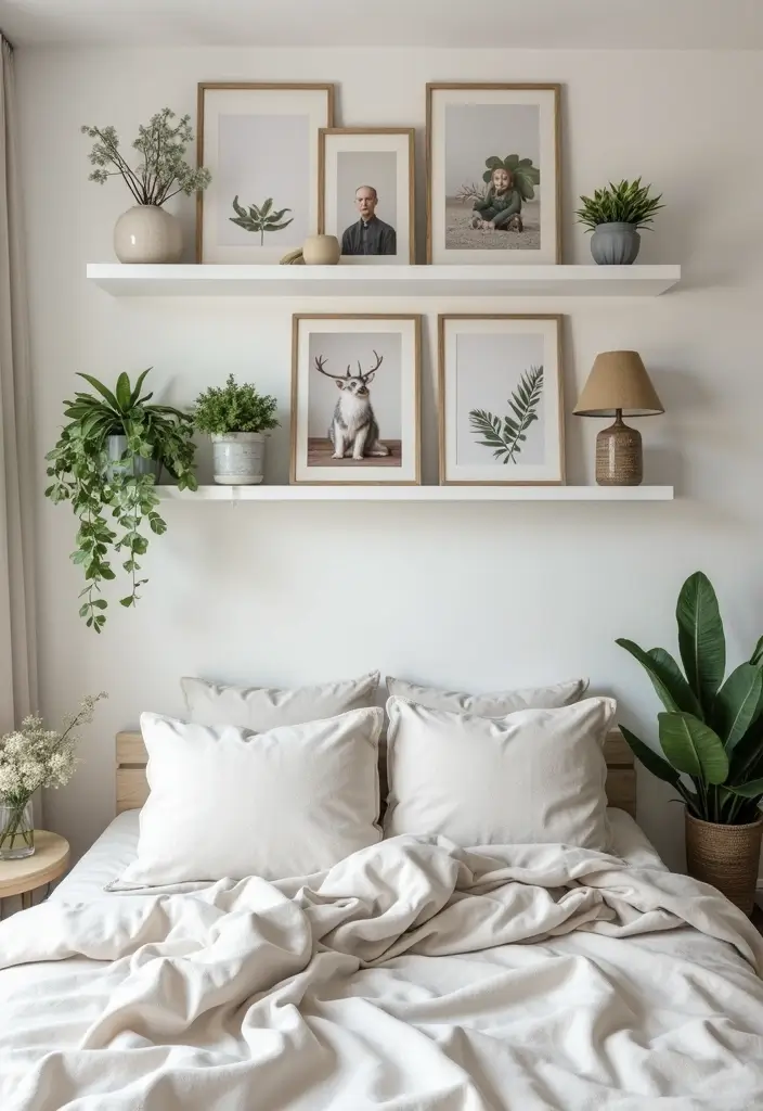 30 Photo Wall Ideas Bedroom That Tell Your Story Beautifully 6. Create a Floating Shelf Gallery