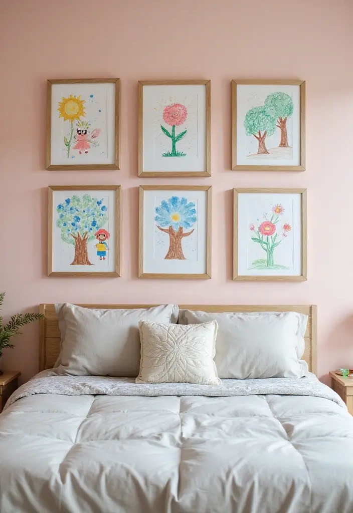 30 Photo Wall Ideas Bedroom That Tell Your Story Beautifully 8. Kids Art Showcase