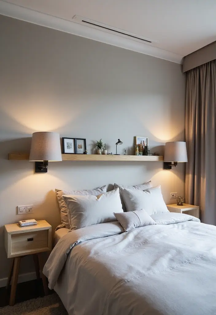 30 Wall Shelf Ideas Bedroom That Feel Modern Practical 13. Console Shelf Above the Bed