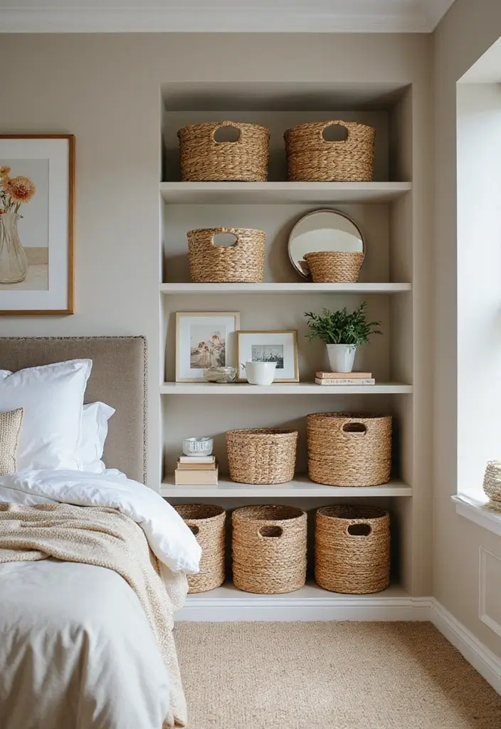 30 Wall Shelf Ideas Bedroom That Feel Modern Practical 29. Creative Use of Baskets