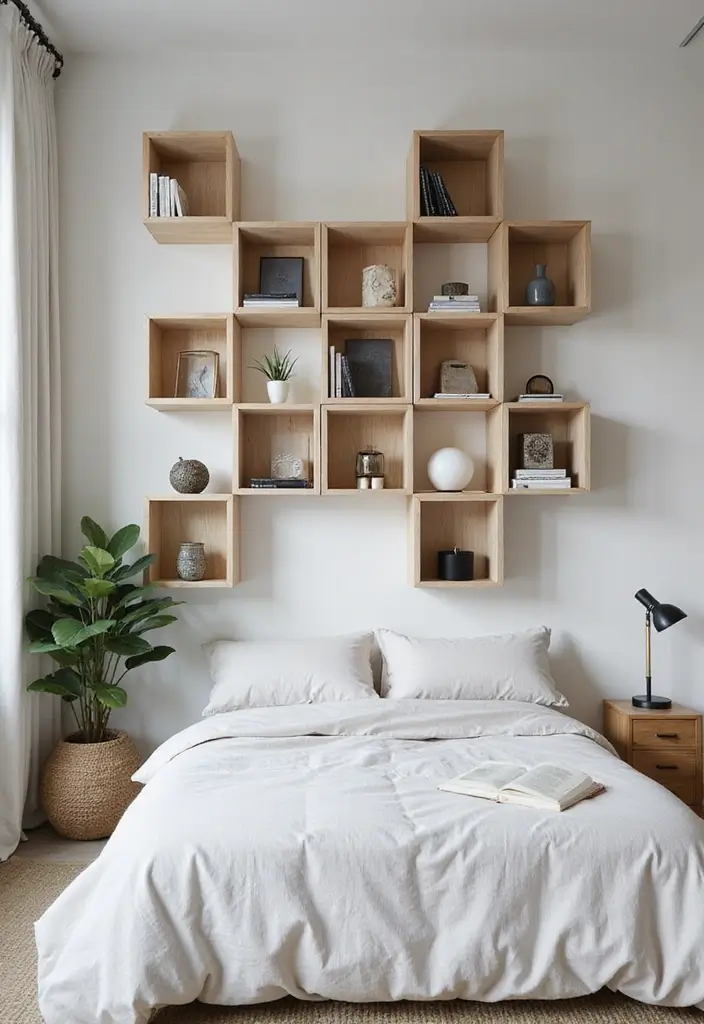30 Wall Shelf Ideas Bedroom That Feel Modern Practical 4. Minimalist Cube Shelves