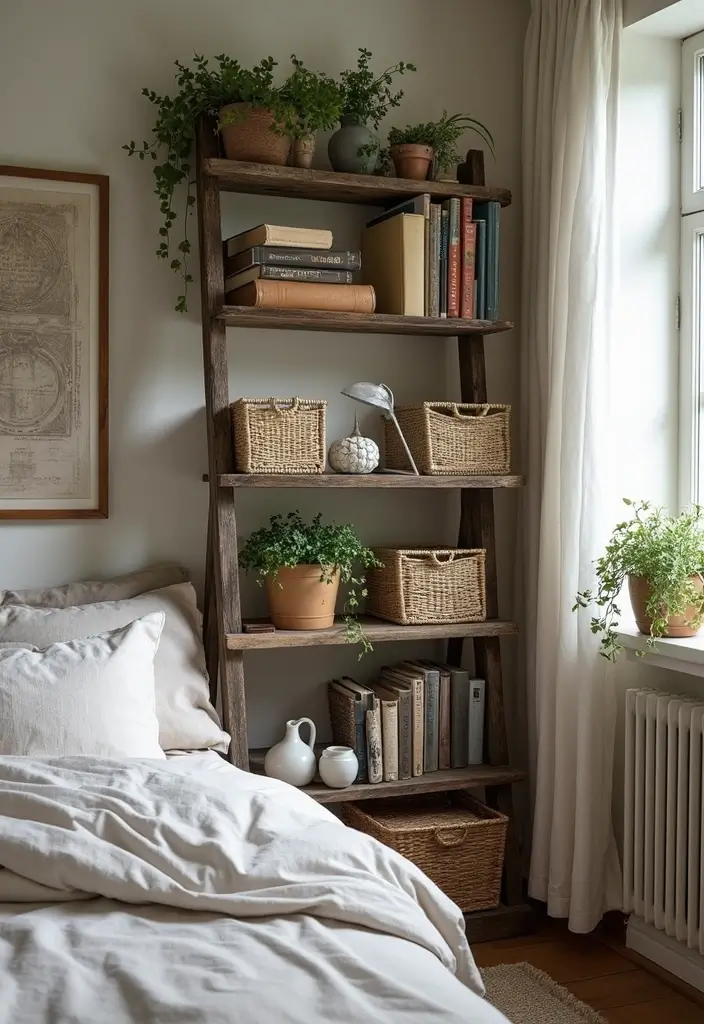 30 Wall Shelf Ideas Bedroom That Feel Modern Practical 5. Vintage Ladder Shelves
