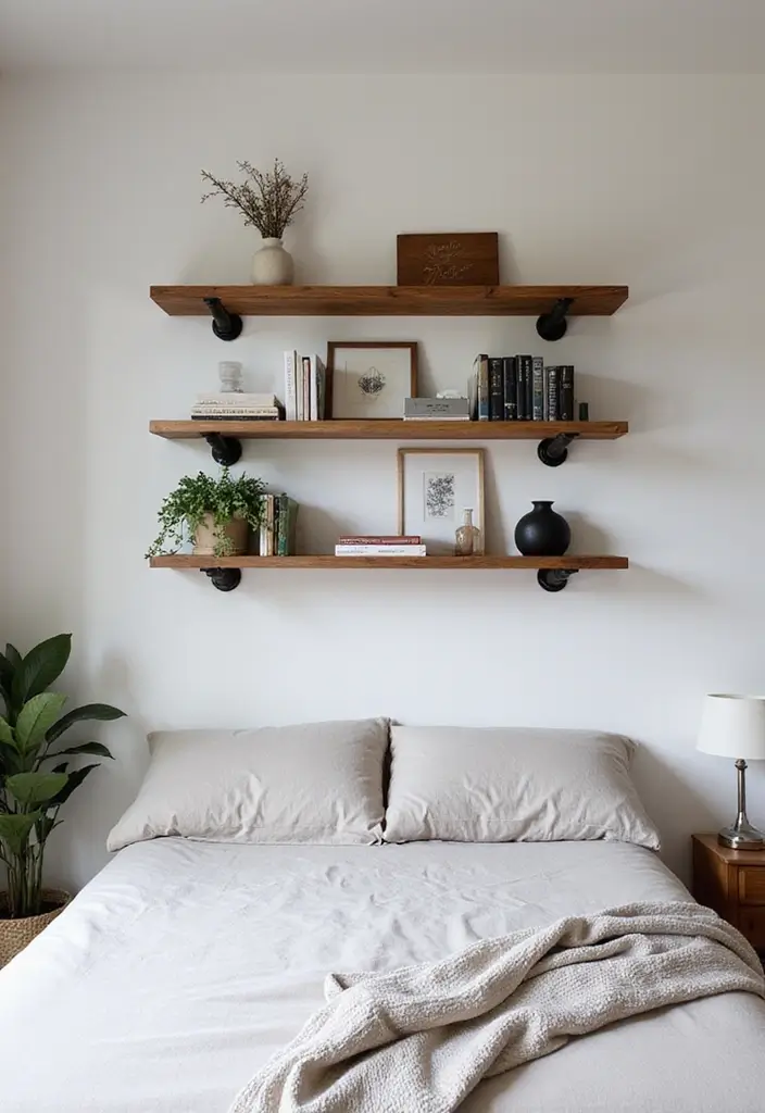 30 Wall Shelf Ideas Bedroom That Feel Modern Practical 6. Industrial Pipe Shelves