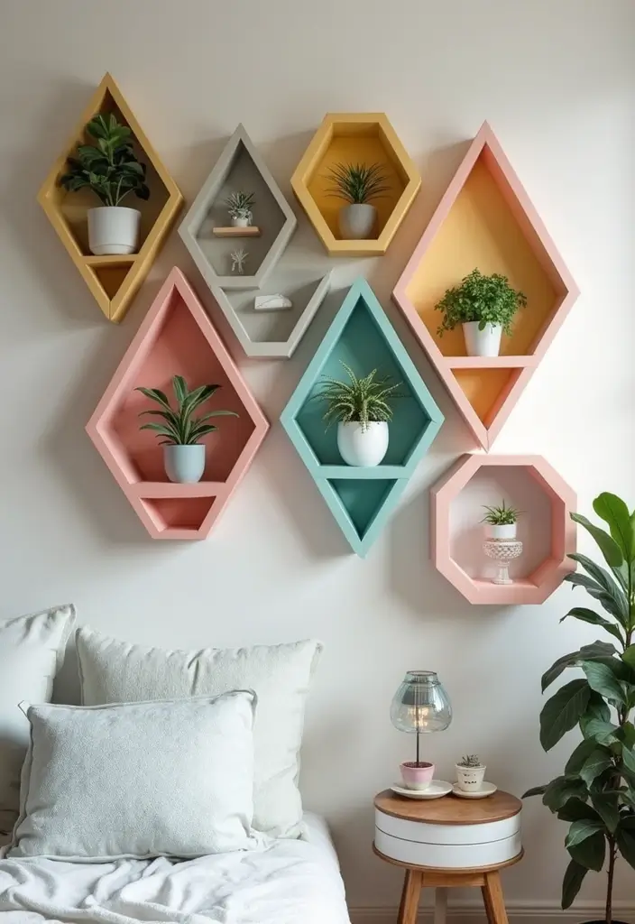 30 Wall Shelf Ideas Bedroom That Feel Modern Practical 9. Geometric Shelving Arrangements