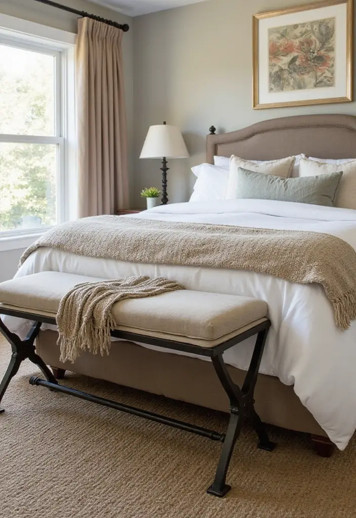 30 Wrought Iron Bedroom Ideas That Feel Vintage Strong 4. Wrought Iron Bench at the Foot of the Bed