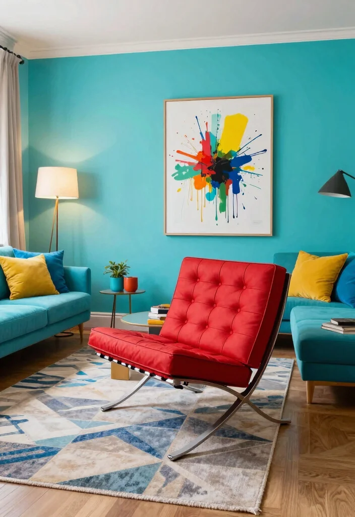 15 Barcelona Chair Living Room Ideas Iconic Modern Style 2. Bold Color Palette with Barcelona Chair 0