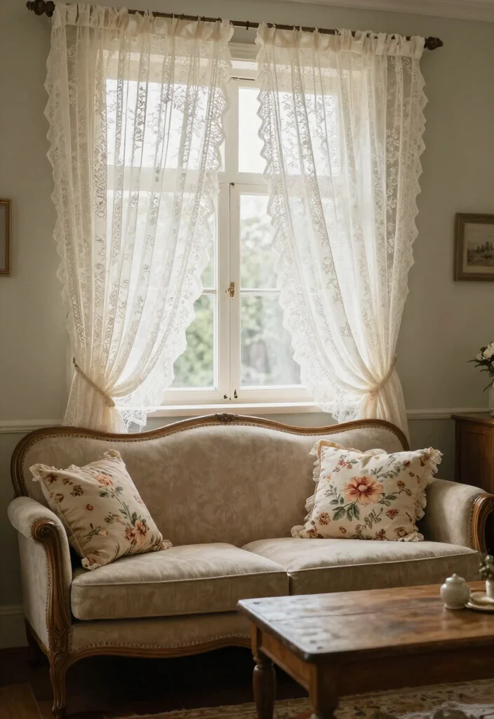 15 Curtains for Small Windows Living Room Ideas Space Smart 13. Vintage Lace for a Romantic Touch 0