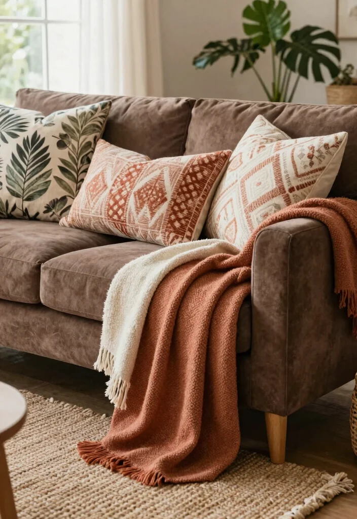 15 Living Room Brown Couch Ideas Warm Neutral Styling 1. Layered Textiles for Ultimate Comfort 0