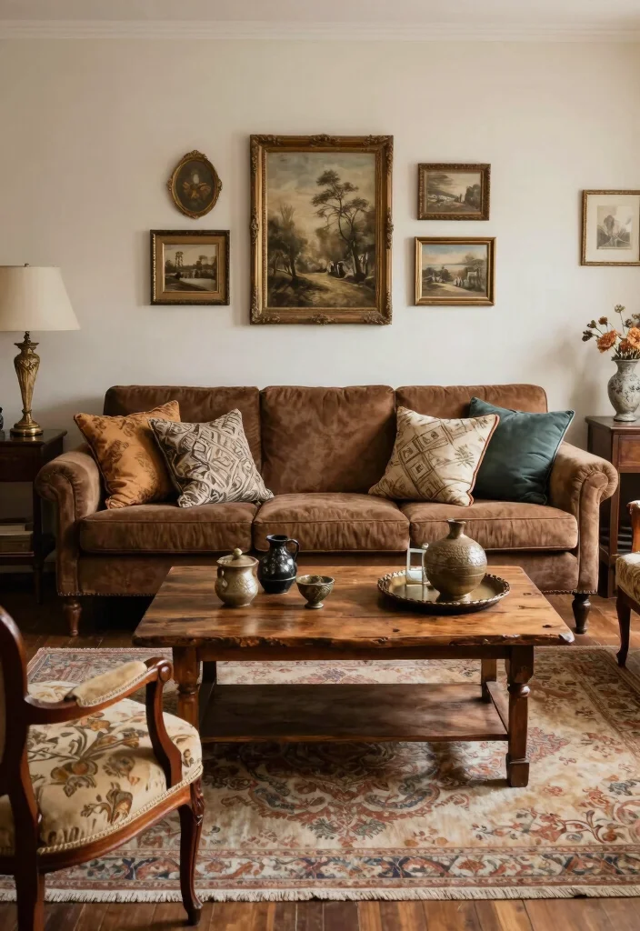 15 Living Room Brown Couch Ideas Warm Neutral Styling 10. A Touch of Vintage Charm 0