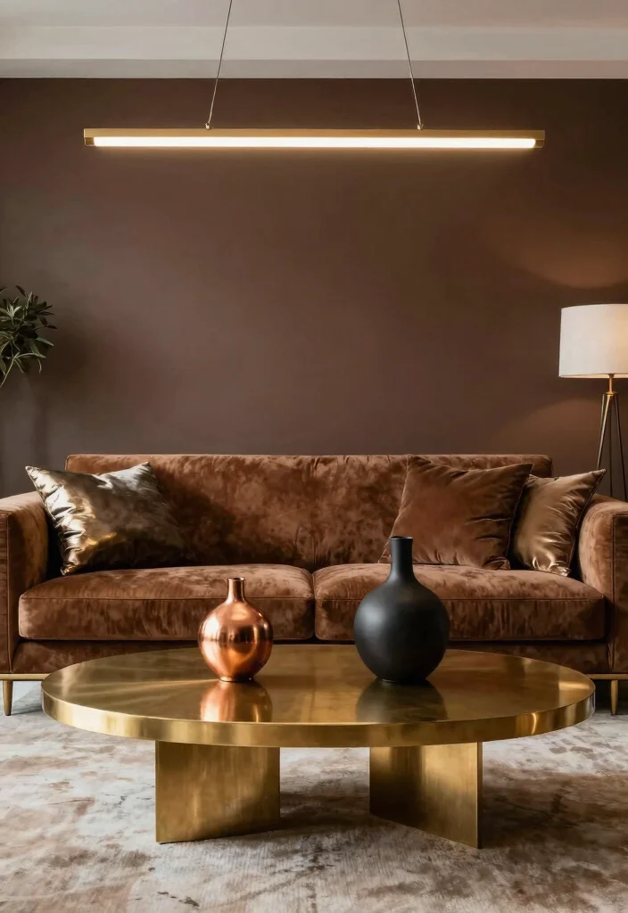 15 Living Room Brown Couch Ideas Warm Neutral Styling 12. Incorporating Metallic Accents 0