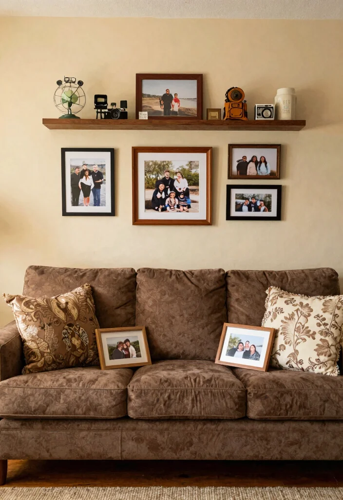 15 Living Room Brown Couch Ideas Warm Neutral Styling 15. Personal Touches and Family Memories 0