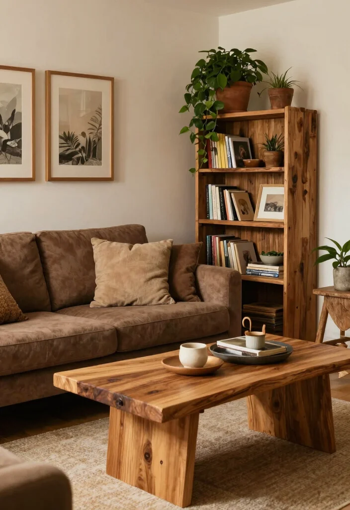 15 Living Room Brown Couch Ideas Warm Neutral Styling 3. Natural Wood Elements for Warmth 0