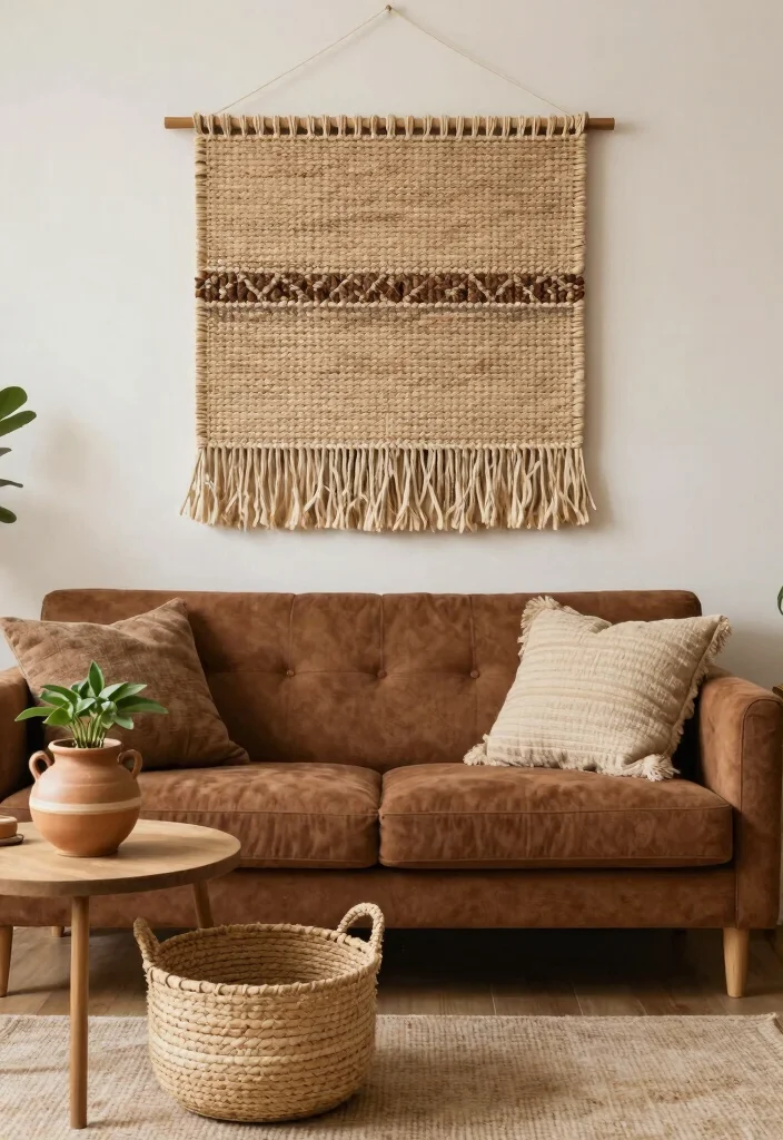 15 Living Room Brown Couch Ideas Warm Neutral Styling 6. Artisanal Touches with Handcrafted Decor 0