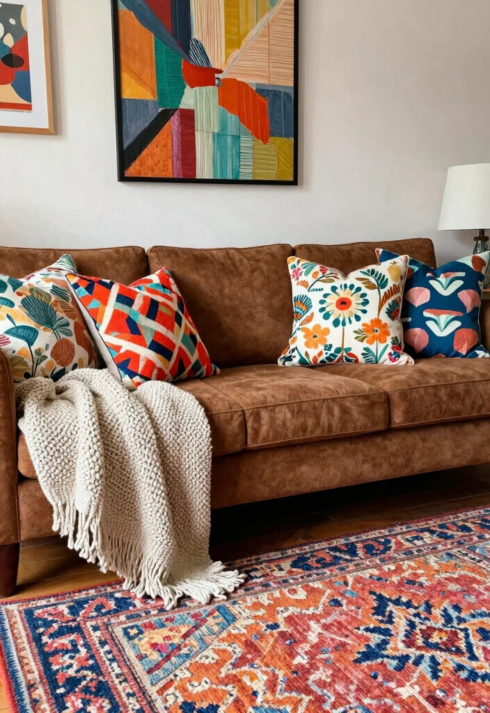 15 Living Room Brown Couch Ideas Warm Neutral Styling 7. Mixing Patterns and Textures 0