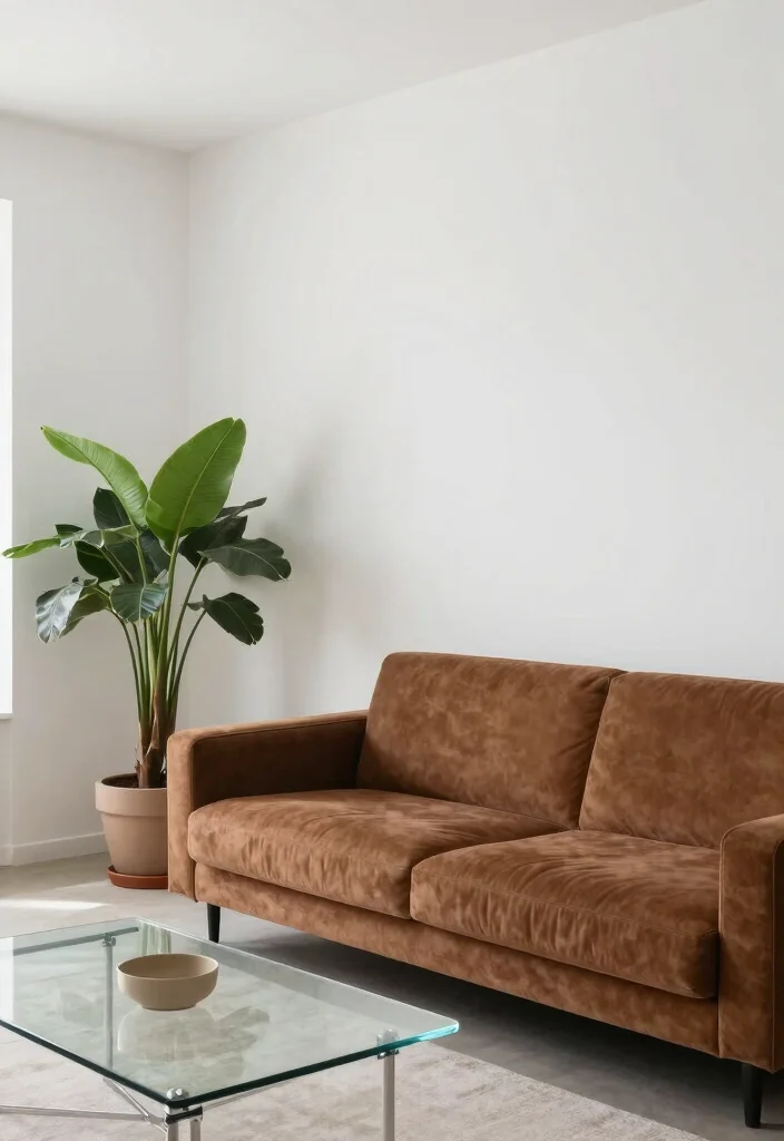 15 Living Room Brown Couch Ideas Warm Neutral Styling 8. Minimalist Approach with Focus on Natural Elements 0