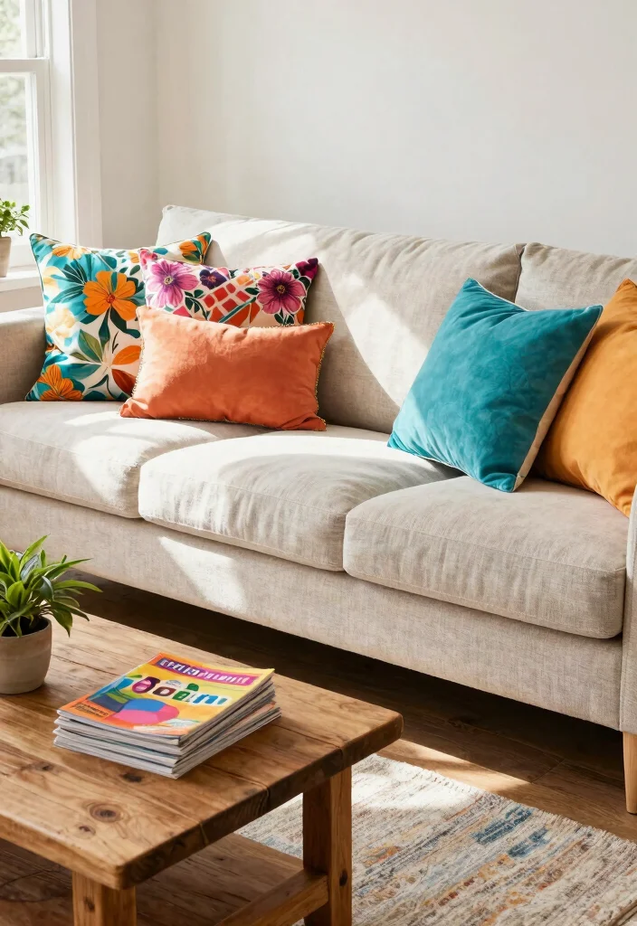 15 Loaf Sofa Living Room Ideas for Modern Relaxed Comfort 4. Eclectic Throw Pillows 0