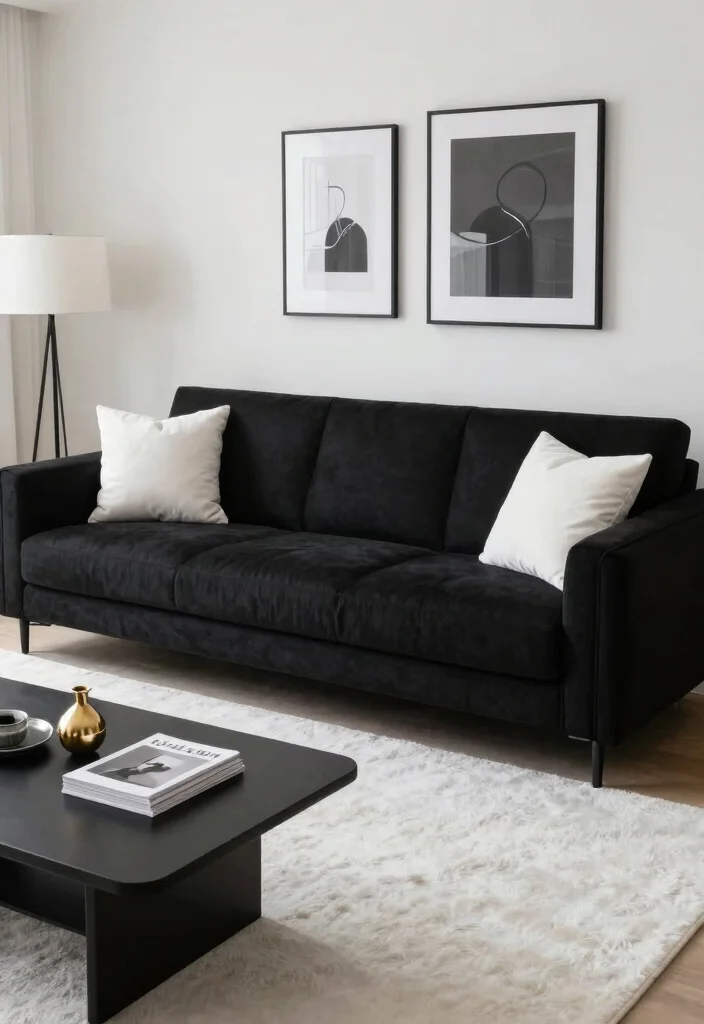 15 Loaf Sofa Living Room Ideas for Modern Relaxed Comfort 5. Timeless Black and White Scheme 0
