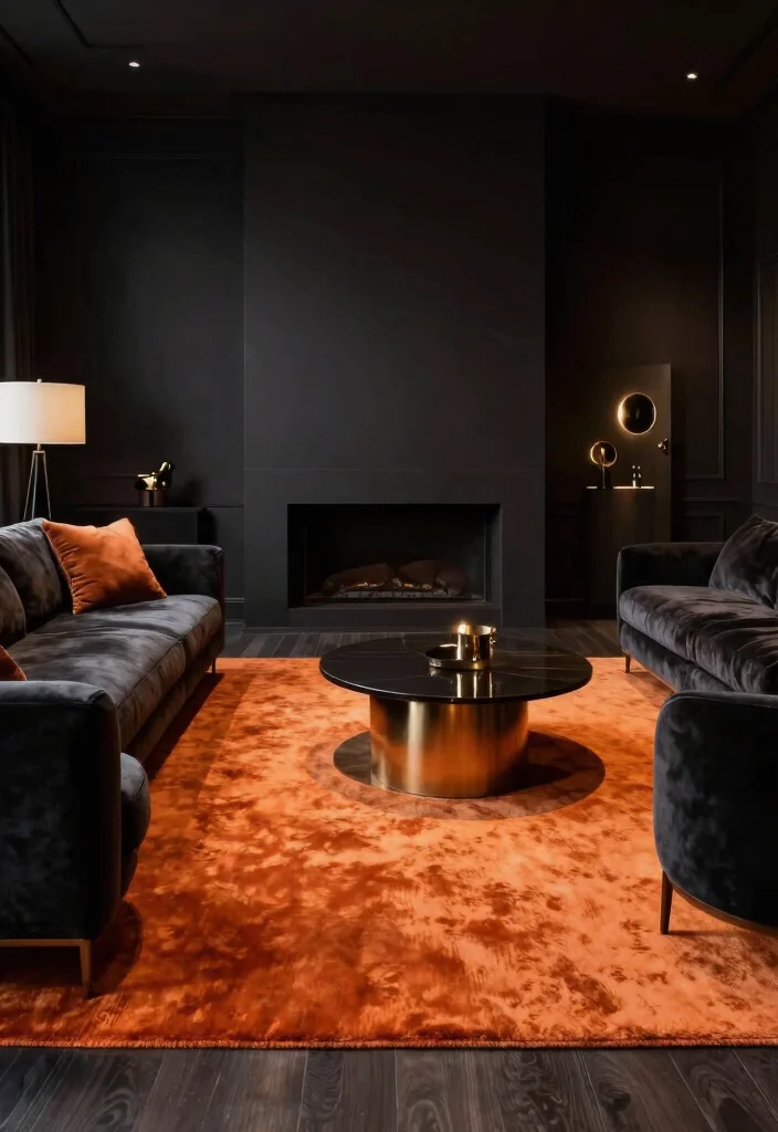 15 Orange Rug Living Room Ideas Warm Color Pop 13. Integrating Orange with Dark Colors 0