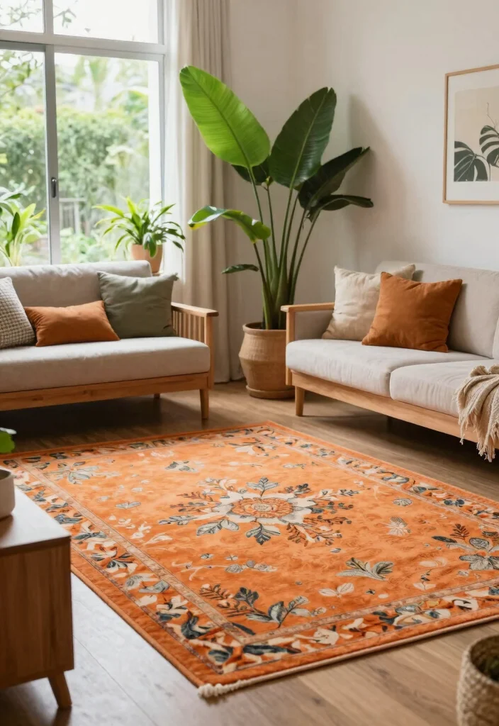 15 Orange Rug Living Room Ideas Warm Color Pop 15. Outdoor Inspired Vibes for Indoor Spaces 0