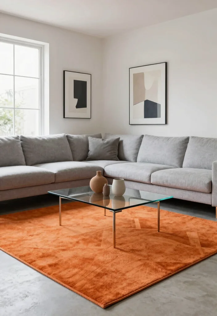 15 Orange Rug Living Room Ideas Warm Color Pop 2. Modern Chic with a Splash of Orange 0