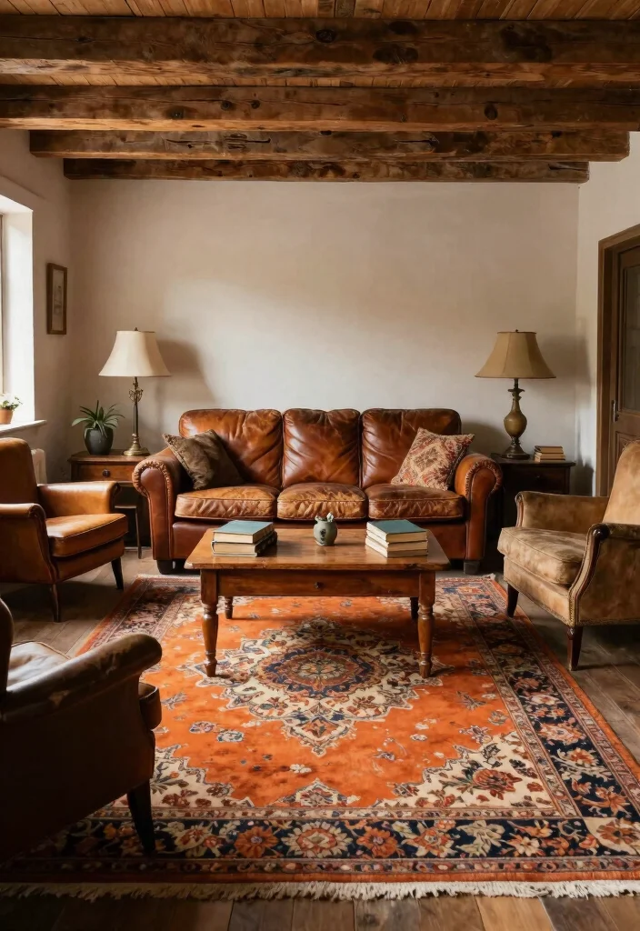 15 Orange Rug Living Room Ideas Warm Color Pop 3. Vintage Charm with Rustic Elements 0