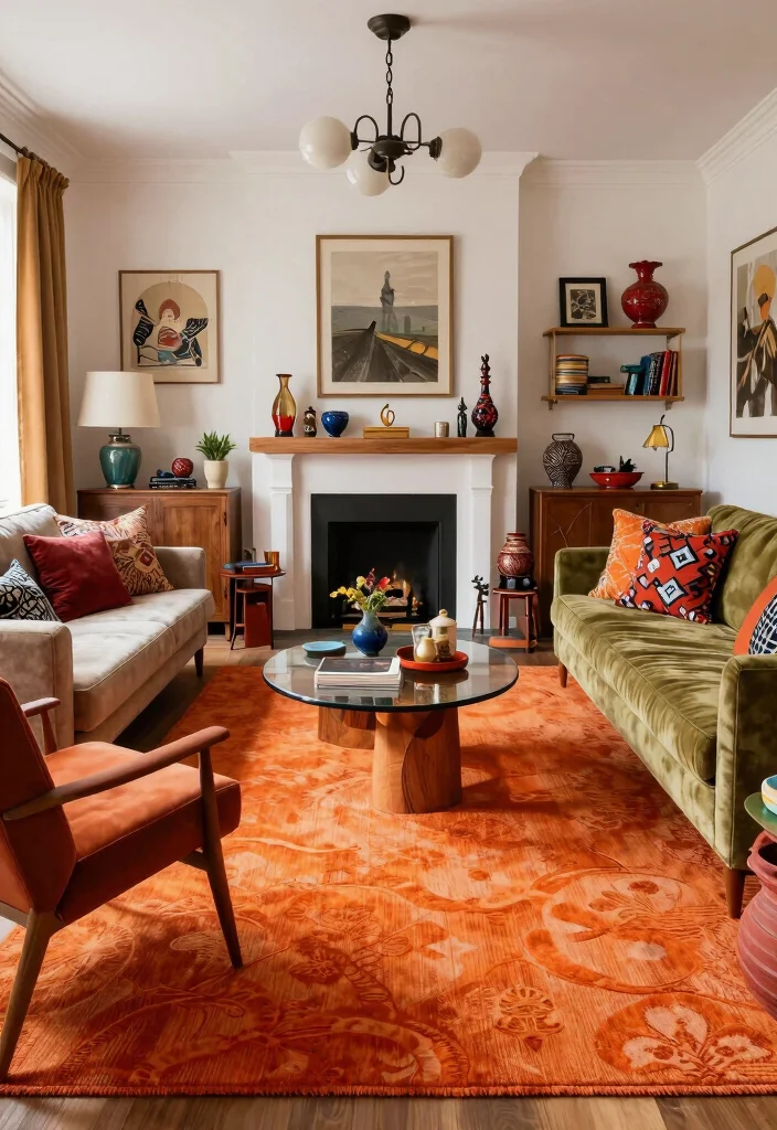 15 Orange Rug Living Room Ideas Warm Color Pop 4. Eclectic Mix with Bold Patterns 0