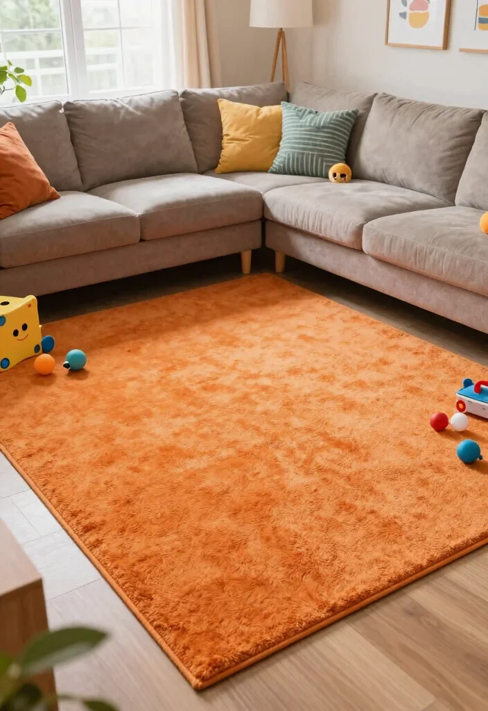 15 Orange Rug Living Room Ideas Warm Color Pop 6. Family Friendly and Functional 0