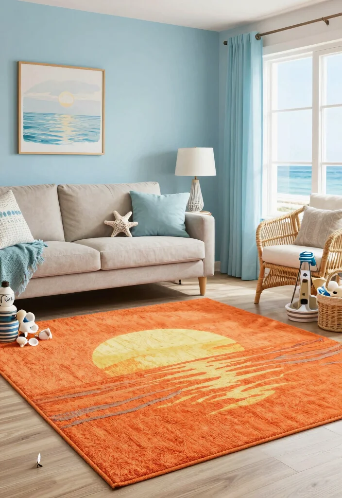 15 Orange Rug Living Room Ideas Warm Color Pop 7. Coastal Vibes with Orange Accents 0