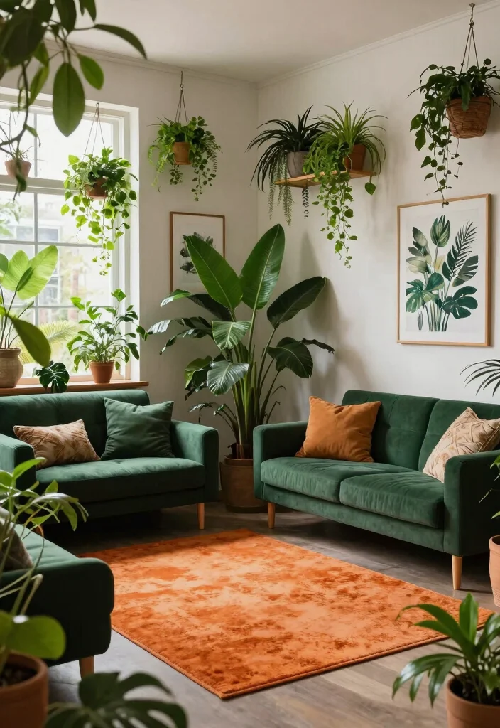 15 Orange Rug Living Room Ideas Warm Color Pop 8. Urban Jungle with Lush Greens 0