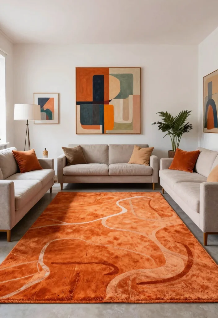 15 Orange Rug Living Room Ideas Warm Color Pop 9. Artistic Statements with Unique Designs 0