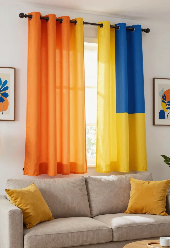 15 Short Curtains Living Room Ideas for a Casual Practical Style 13. Color Blocking 0