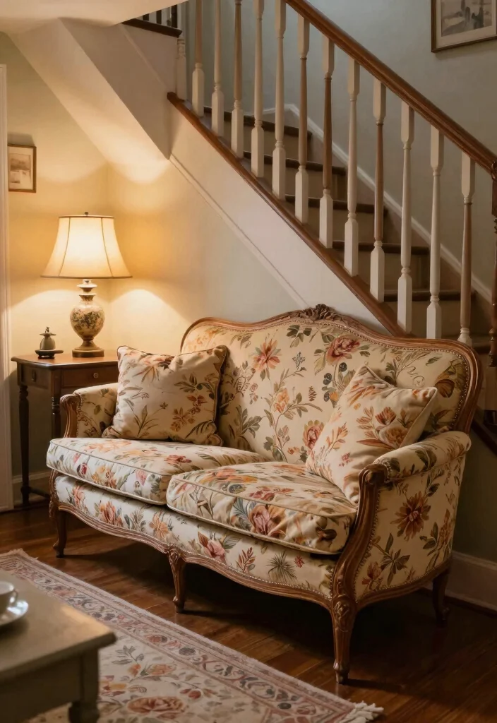 15 Sofa Under Stairs Living Room Ideas Clever Space Use 10. Vintage Beauty with a Settee 0